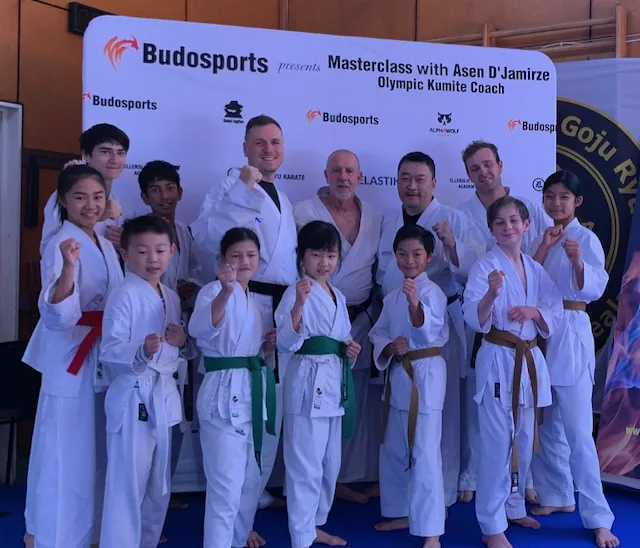 Jimmy Fitzpatrick with karate students and fellow instructors